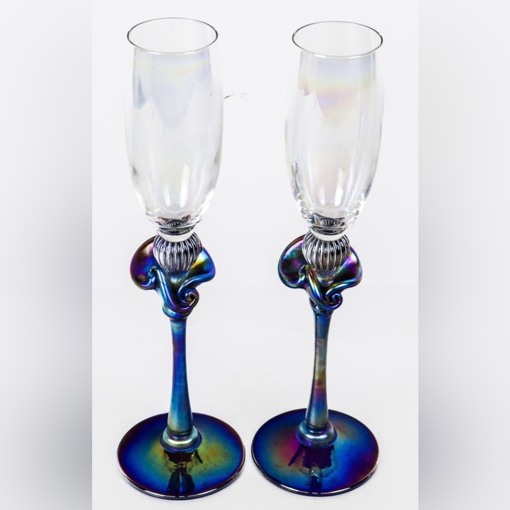 🥂GORGEOUS Estate Murano Crystal & Iridescent Glass Flutes (2), 11.25” x 3.25” - Picture 9 of 9